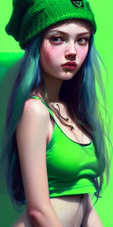 girl, cute, big boobs ,beautiful, long hair, wavy hair, green hair, blue eyes, green beanie, green suimsuit, black tee shirt, green shorts, head and shoulders portrait, 8k resolution concept art portrait by Greg Rutkowski, Artgerm, WLOP, Alphonse Mucha dynamic lighting hyperdetailed intricately detailed