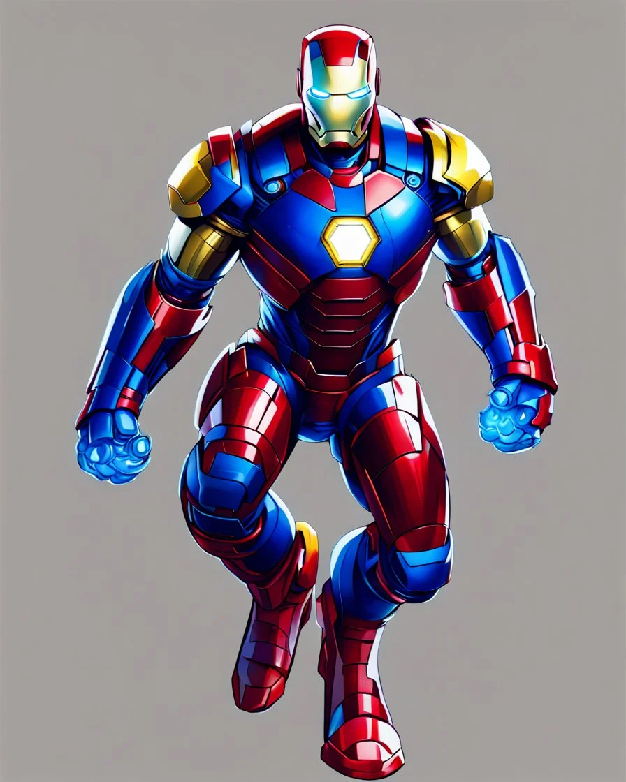 Super Iron Man, blue and red and yellow armor,