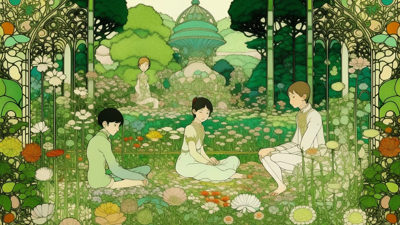 An illustration by Miyazaki and Monet with people drawn by Schiele practicing Schiele yoga surrounded by blooming flowers and lush vegetation.