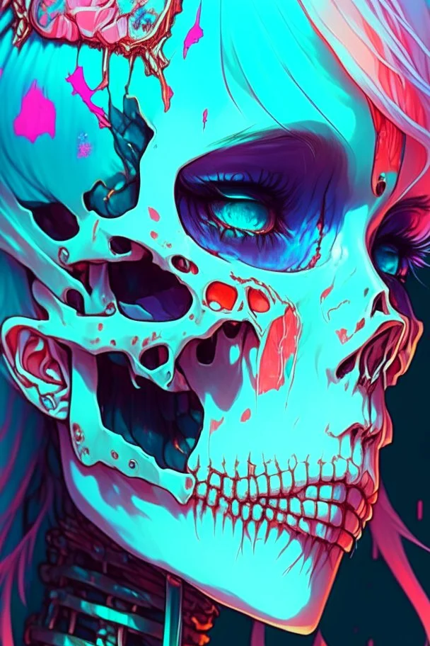 a close up of a person with a skull on their head, anime skull portrait woman, scary detailed art in color, hiroyuki-mitsume takahashi, nychos art aesthetic, half woman half skeleton, anime cyberpunk art, colored manga art, rossdraws pastel vibrant, cold colors. insanely detailed, beautiful anime portrait, stunning anime face portrait, scary art in color