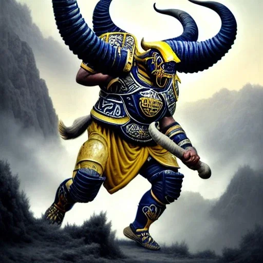 a Big-horn Ram warrior in navy blue and yellow battle armor, a highly detailed illustration, background of Inka jungle, American football in hand, realistic render, 8 k, micro detail, intricate, elegant, centered, digital painting, Artstation, smooth, sharp focus, illustration, artgerm, tomasz alen kopera, peter mohrbacher, donato giancola, joseph christian leyendecker, wlop, boris vallejo