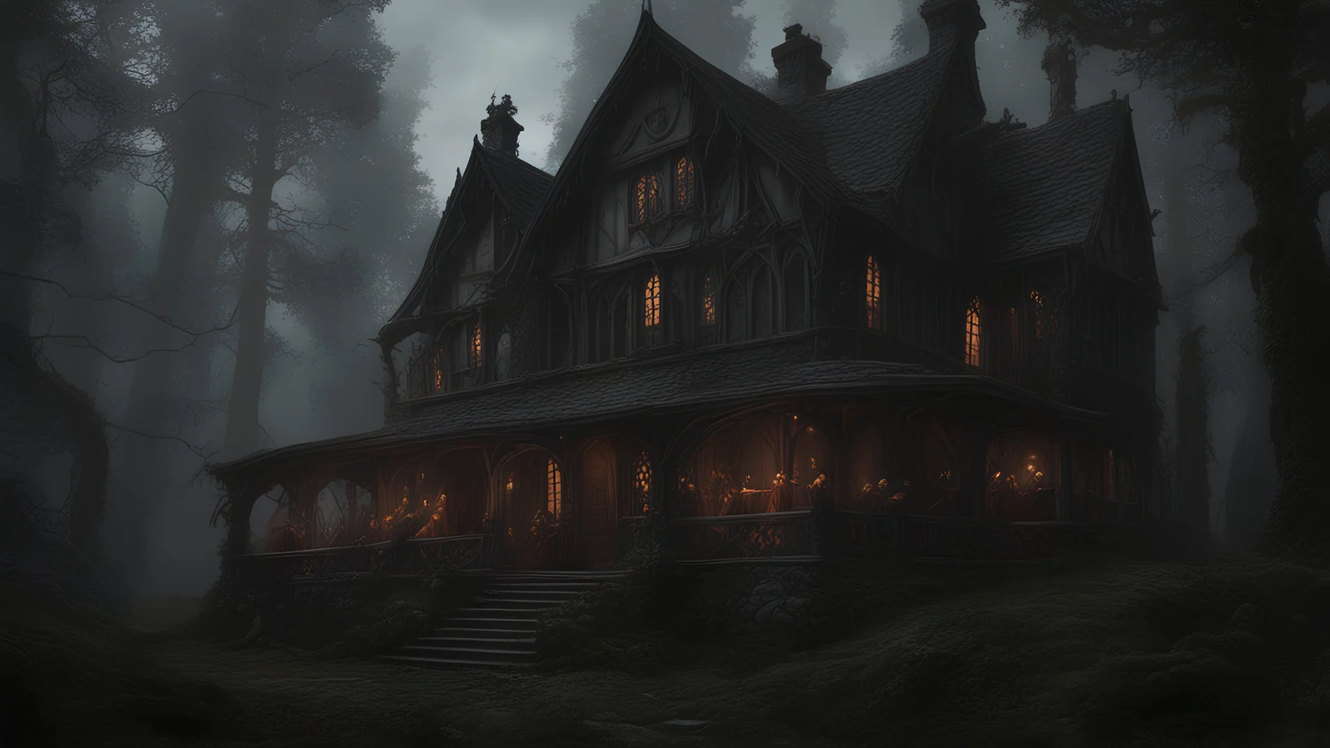 A gothic woodland house with a coven of witches dancing.