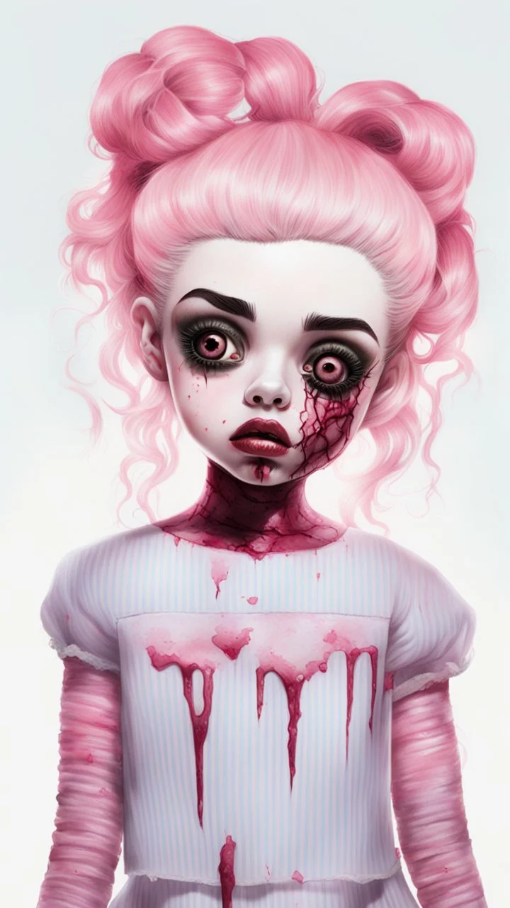 full color, illustration of a darkred and pink tones, menacing, Singer Melanie Martinez face, as a decayed, broken, skin turned translucent, black veins that extended like roots beneath her skin, latex suit, crude homemade cloth doll toy, with a narrow cracked porcelain face, thick dark eyebrows, hair in two gradually, made from ragged strips of cloth, in the style of Alex Pardee, Tim Burton, and Nadya Sheremet