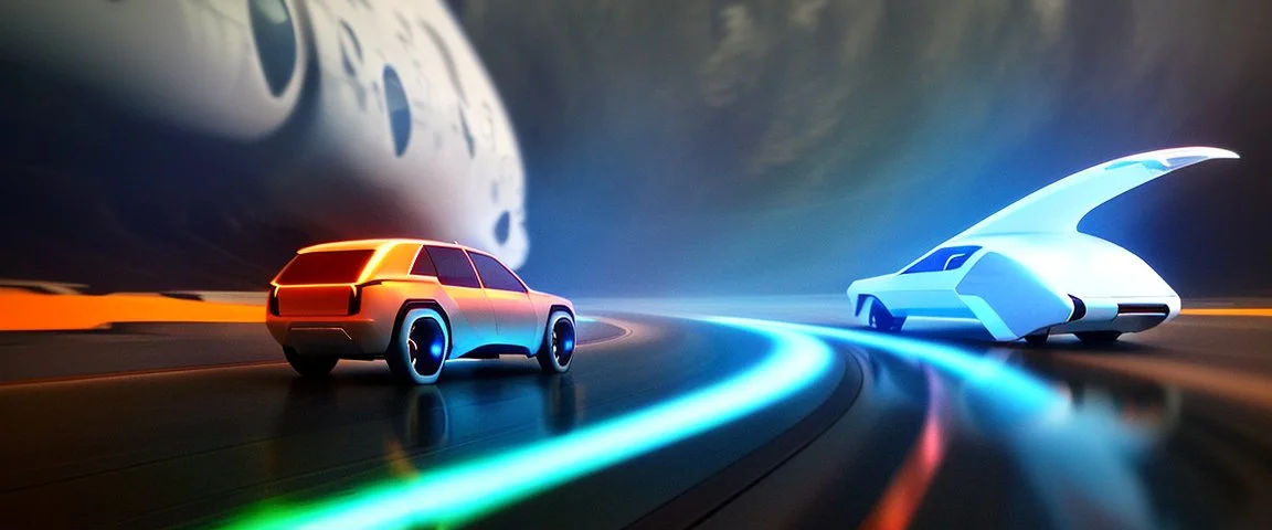 award winning car and driver photograph of a futuristic station wagon designed by only one vehicle per image painted metallic orange traveling at a high rate of speed, jet intake off of front center of vehicle and jet exhaust out the rear with bright blue flame, bilaterally symetrical, more a high speed road vehicle