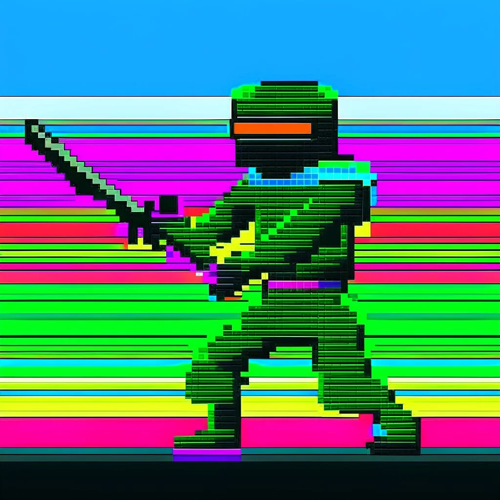 a pixel art-style, simple 64-bit Ninja with a rainbow outfit, retro gaming shinobi graphic style