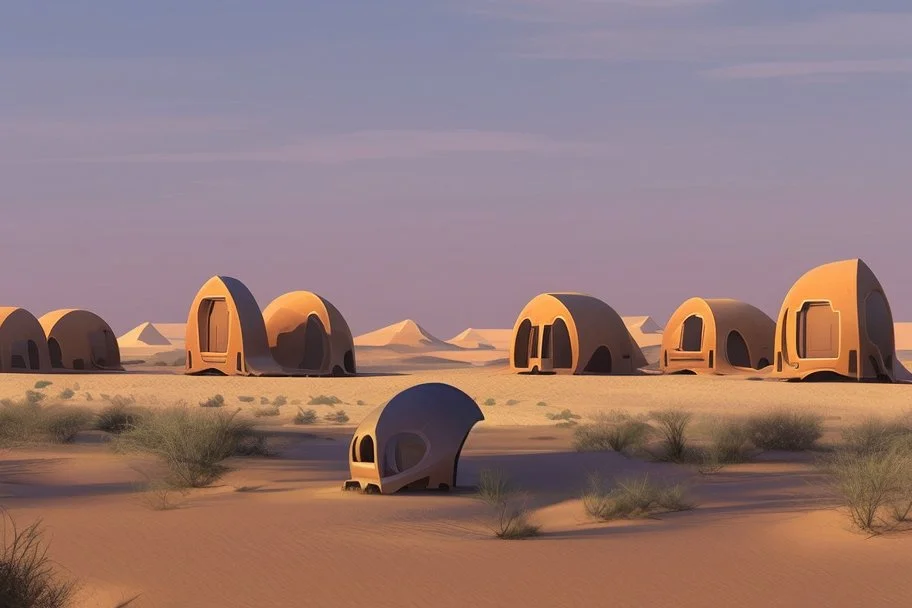 alien buildings, in the desert, surrounded by acacia trees, dunes, pathways, lake, roads, mountains, blue sky