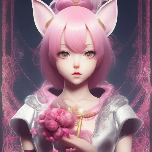 Detailed cute anime rabbit girl, pink hair buns, pink bangs, black latex bodysuit, intricate details, full body portrait, keep head in frame, slight smile, black Japanese motif, concept art, highly detailed, digital painting, concept art, sharp focus, illustration, art by Yoji Shinkawa, WLOP and greg rutkowski and alphonse mucha and artgerm and yanjun Chen and Junji ito and Makoto Shinkai, HDR, octane render