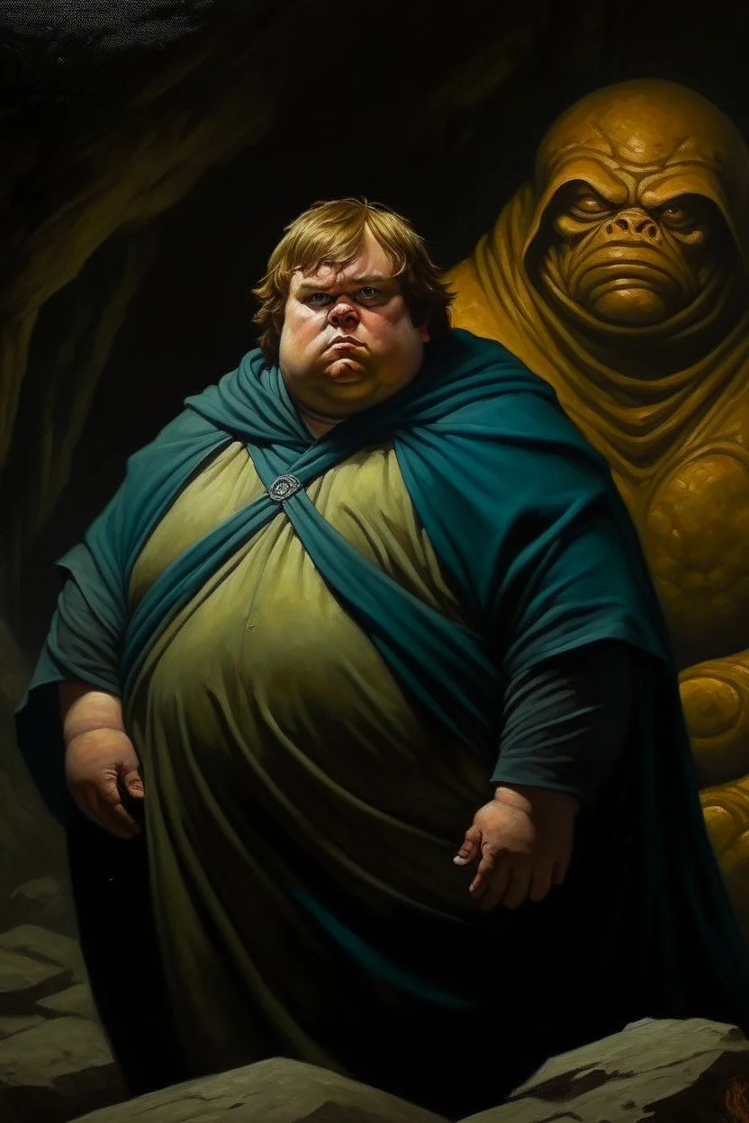 1970's dark fantasy cover dnd style oil painting of a fat obese luke skywalker with minimalist far perspective