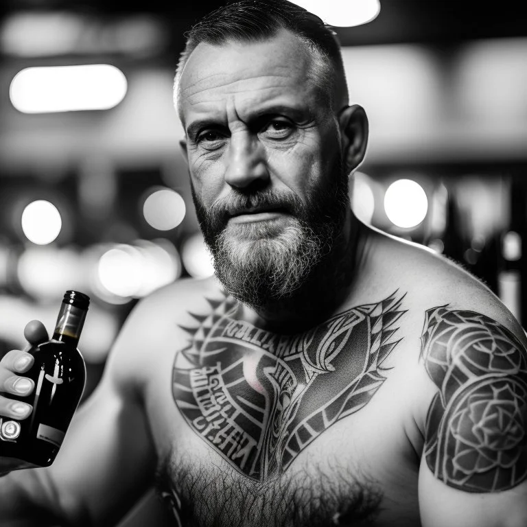 burly 60 year old man with short beard and tank top tattoo chooses a bottle in a cellar and wine bottles, look at camera, hyper realistic, Cinematic, 35mm lens, 35mm lens, f/1.8, accent lighting, global illumination