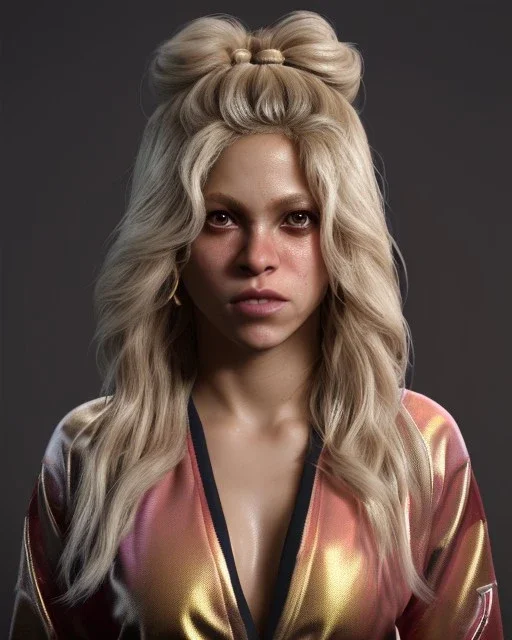 portrait, Shakira, blonde artist, angry, Realistic image, MMA robe, hoodie, mma gloves, loose long hair, eyes, makeup, gold line make up, moisture, sweat, fog, goddess, Neon colors, leds. Black background, photo studio, concept art, smooth, unreal engine 5, god lights, ray tracing, RTX, lumen lighting, ultra detail, volumetric lighting, 3d, finely drawn, high definition, 4k.