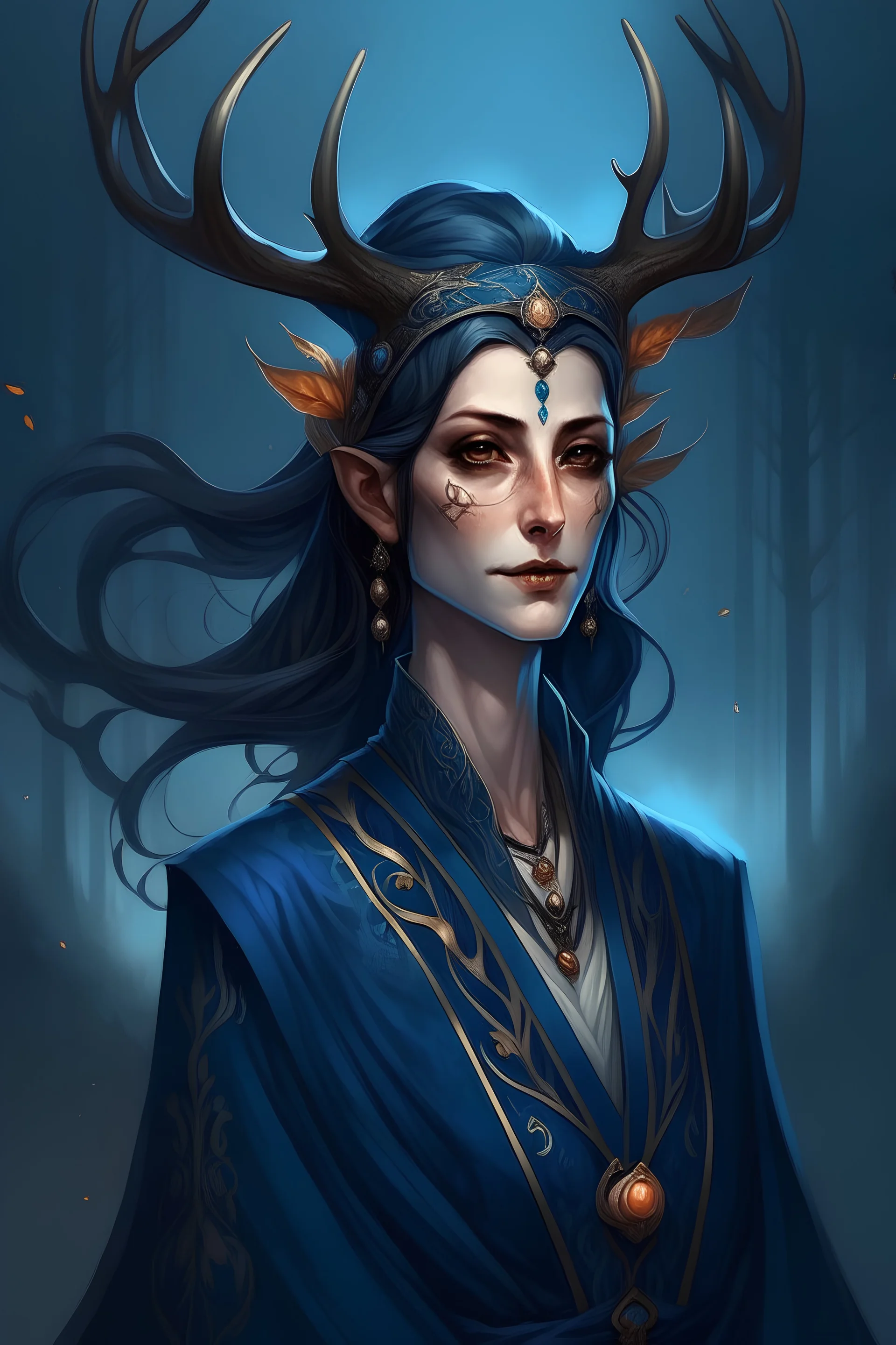 older woman, dark blue hair, elf, deer-like horns, elegant clothing, fantasy drawing.