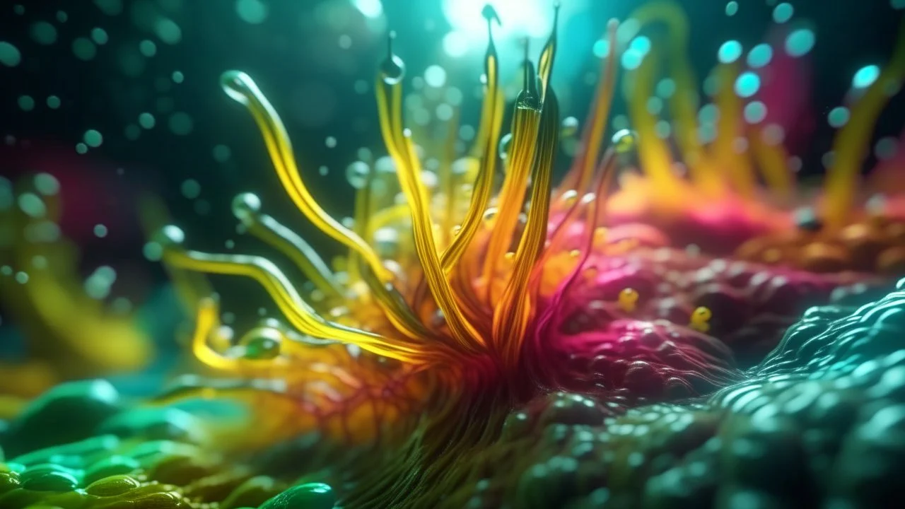 Abstract cluster of pulsating alien flora and gelatinous tentacles, symbiotic growth patterns, wet textures, glistening surfaces, soft focus background, vivid saturation, macro cinematic shot.
