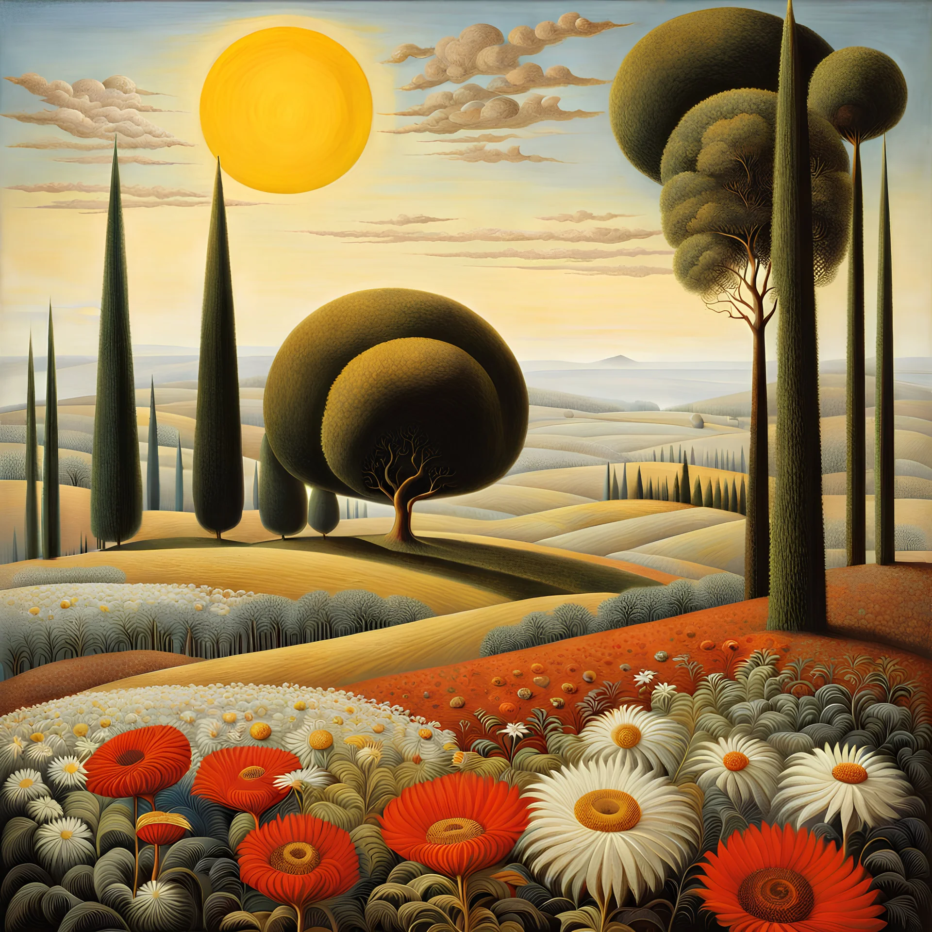 High definition photography of a marvelous landscape, trees, flowers, sun, intricate, atmosphere of a Max Ernst painting, thoughtful, interesting, a bit appalling