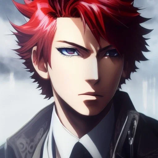 Detailed anime boy, crimson red hair, classic taper hairstyle, dante dmc hair style, wolf ears, white trench coat, intricate details, full body portrait, keep head in frame, slight smile, black Japanese motif, concept art, highly detailed, digital painting, concept art, sharp focus, illustration, art by Yoji Shinkawa, WLOP and greg rutkowski and alphonse mucha and artgerm and yanjun Chen and Junji ito and Makoto Shinkai, HDR, octane render