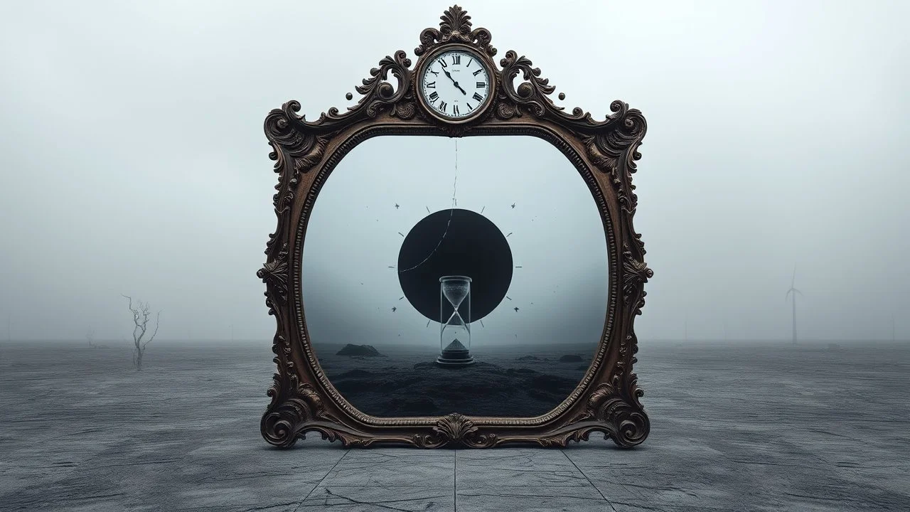 A monumental baroque mirror standing in empty gray desert landscape Cold gray reality outside the mirror, subtle fog. antique clock above the frame showing exactly 12:00 midnigt. Inside the mirror lies the Realm of Midnight: a colossal black eclipse above an endless cosmic abyss, melting stars, brocken hourglass inside the mystic mirror, and big abyss of universum, the mirror one gate into the physical dimension. Dark surreal vibe,