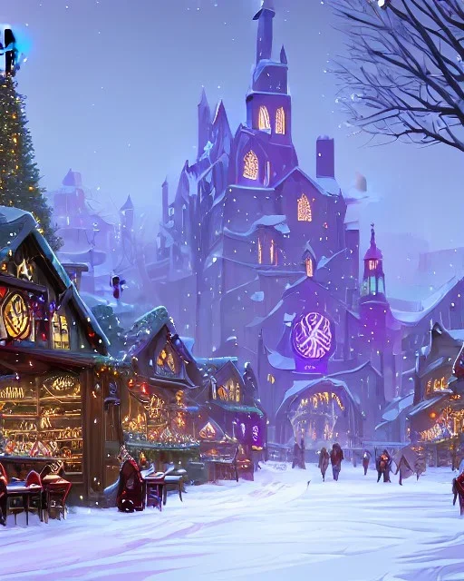 A magical snowy gothic warlock Christmas market with a large Christmas tree