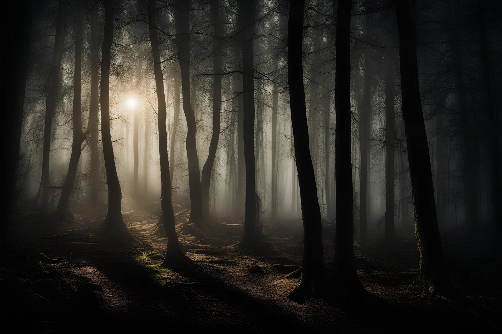 dark and light creepy forest with light beam