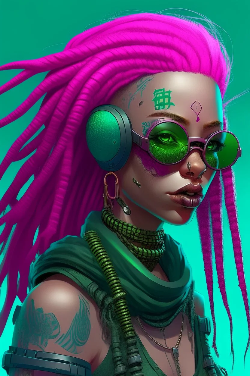 mermaid cyberpunk some fish scales on face pink hair dreadlock sunglasses