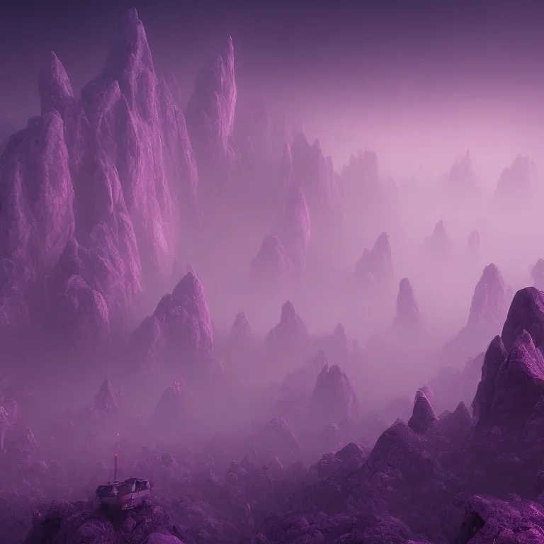 ALIENS FLOATING in the fog, FOGGY NIGHT, mountains, GLOWING, PURPLE, TOWERS, 4K, 8K, CINEMATIC