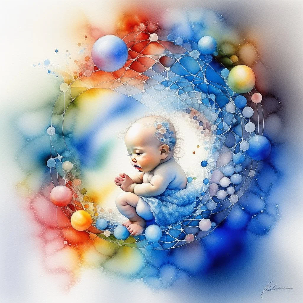 Inspiration from Nomeradona On Playground Life begins. Quantum Serenity: A watercolor depiction of the conception of a baby, illustrating the interplay of microscopic quantum particles and DNA at the molecular level, embodying calmness in action.”
