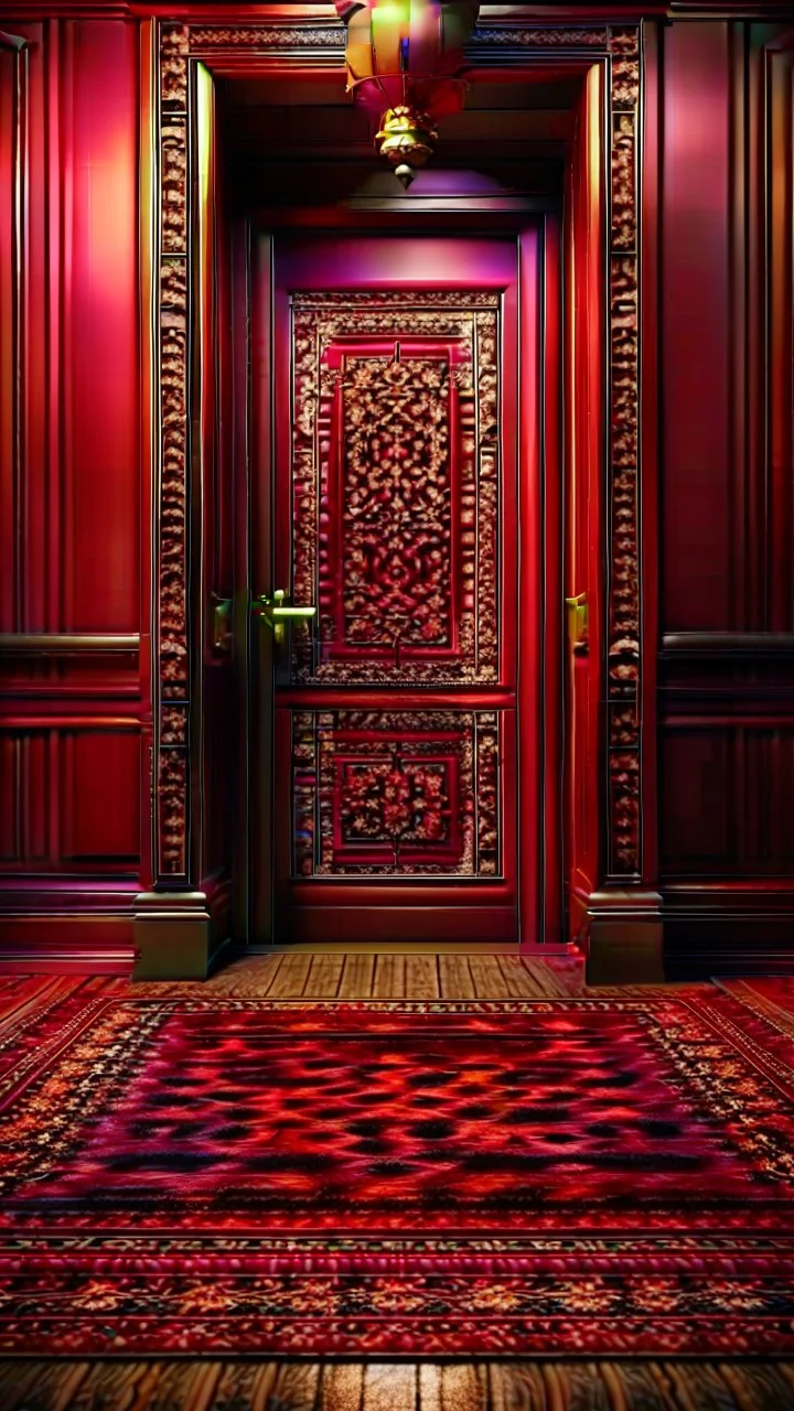A magic door opening to one native a, high quality, high details , 8k, hyper realistic, magic style , burgundy color carpet in front