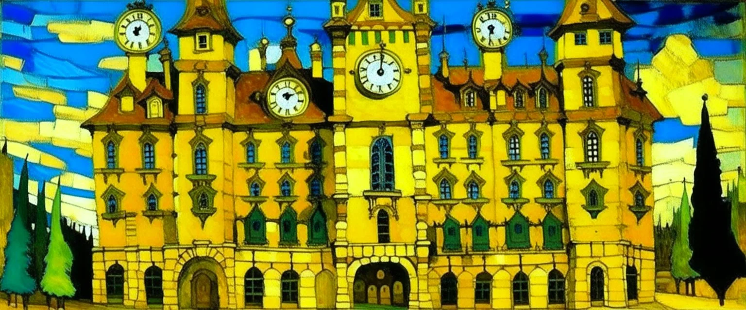 A yellow castle with clocks in daylight painted by Vincent van Gogh