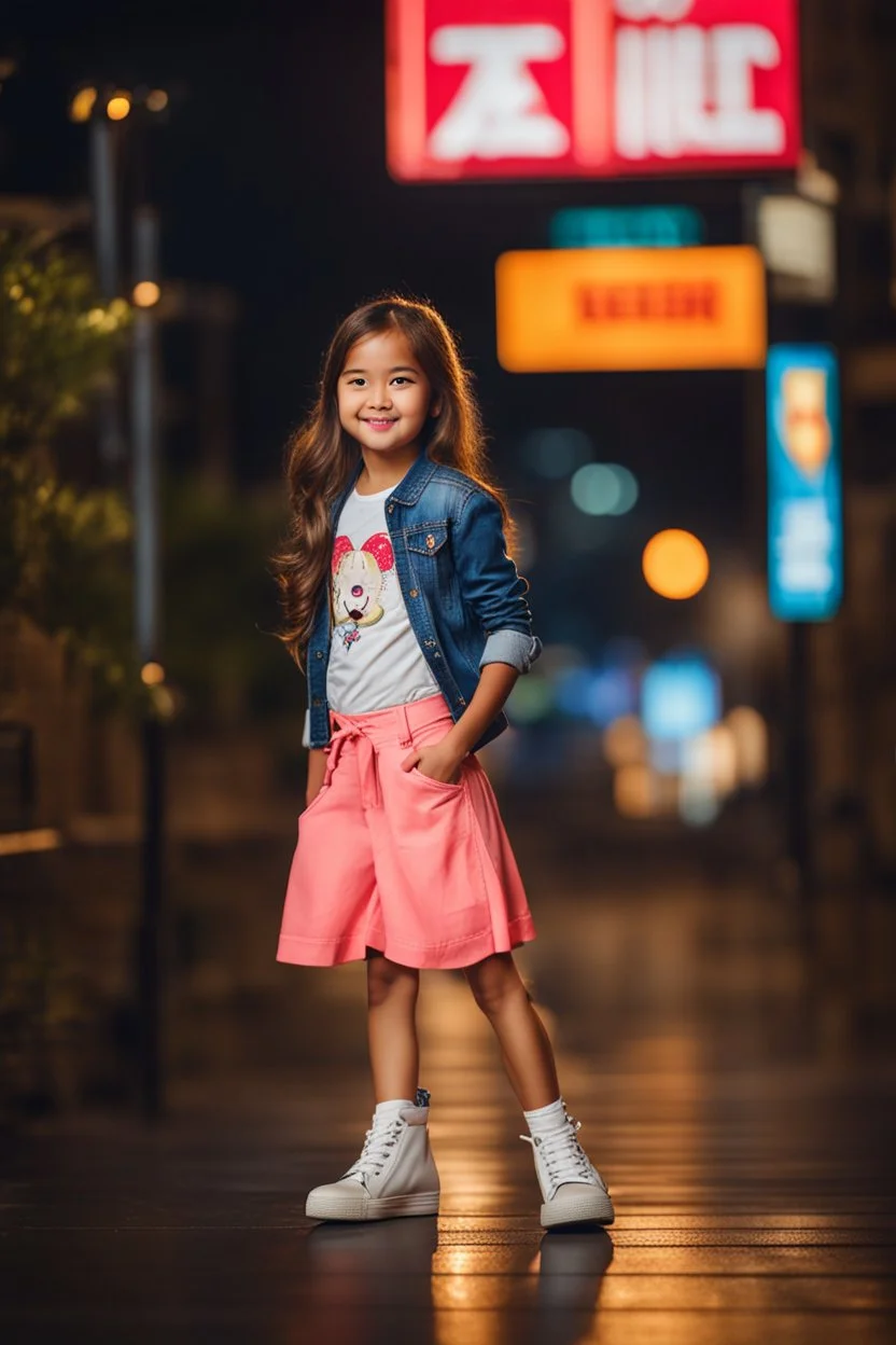 Little 6 years old beautiful girl perfect face,1girl wearing a pretty shirt and jean pant, standing pose,modern city ,night view