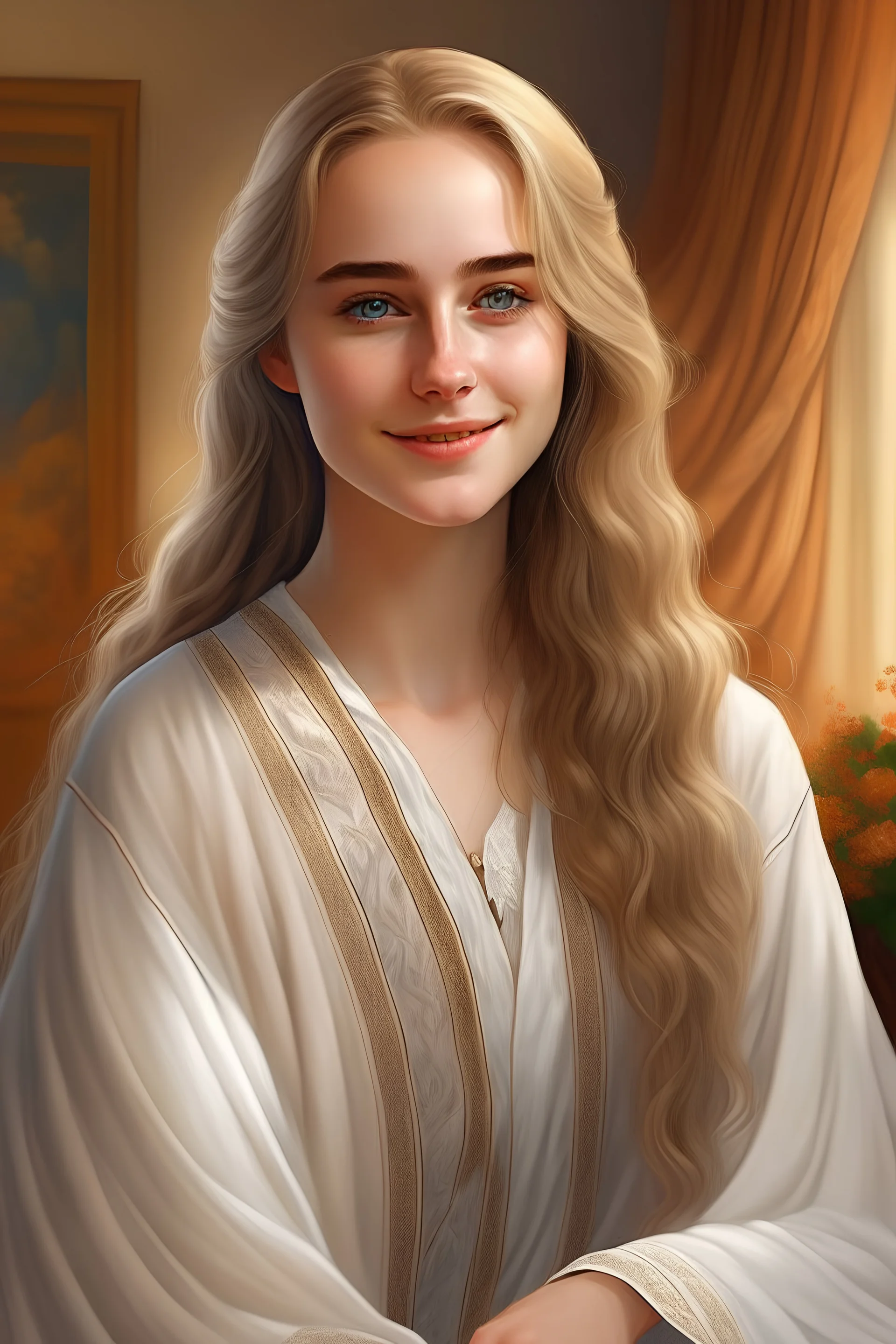 Realistic digital art, full body portrait, delicate, mature, beautiful and attractive Norwegian Muslim youth, cute nose, brown hair and white hair, long wavy braided hair, full lips, sweet smile, light natural makeup, wearing a white wrap dress, pattern Nordic , long wavy hair, bronze eyes, digital art, masterpieces, trending on art station, volumetric lighting, triadic colors