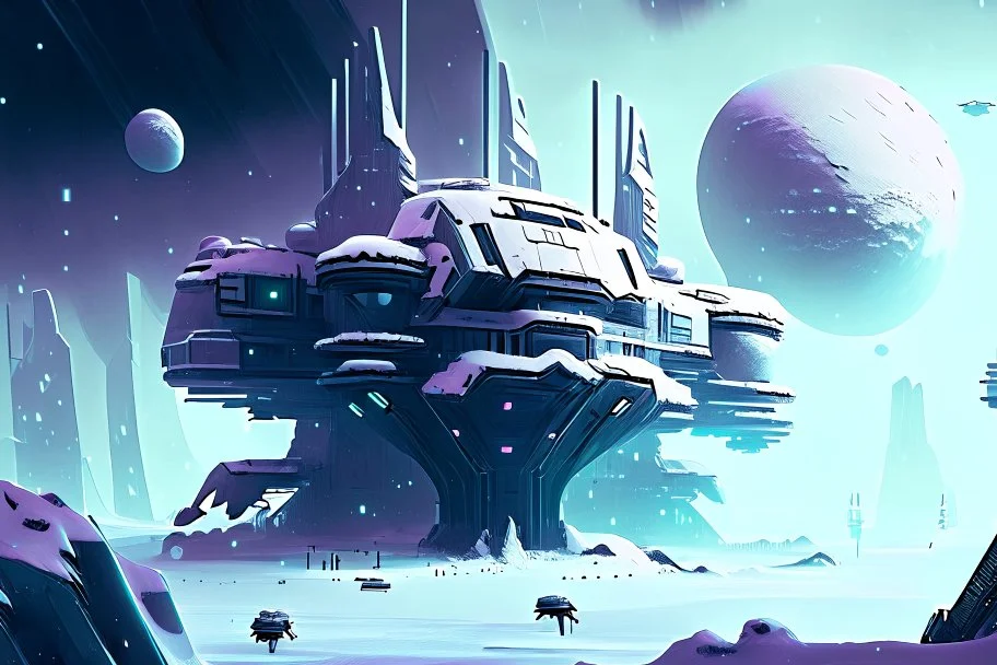 Modern Colony, Alien Planet, Winter, Cold, Blizzard, Spaceship, Blocky Buildings, Flying Spaceships