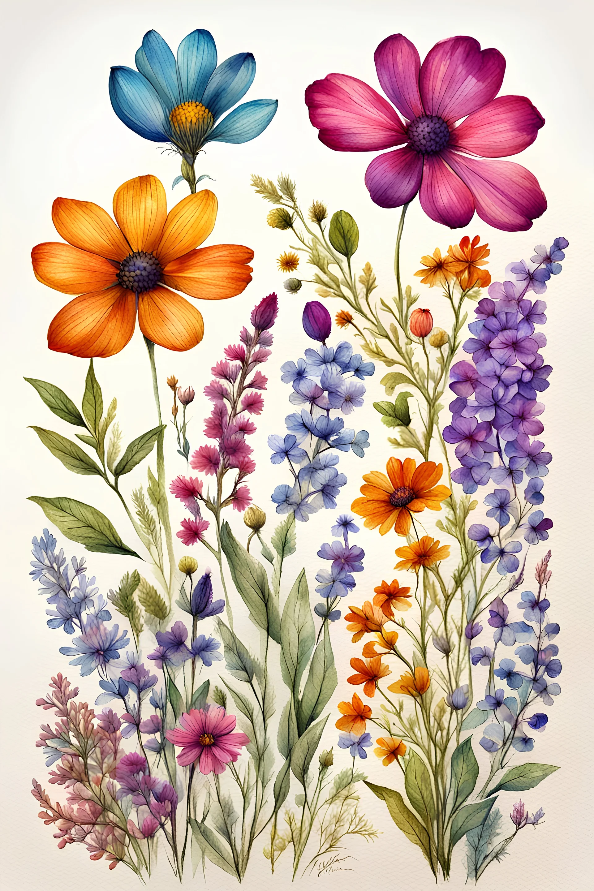4 wildflower vibrant multi colors classic hand drawn botanical style on white paper texture