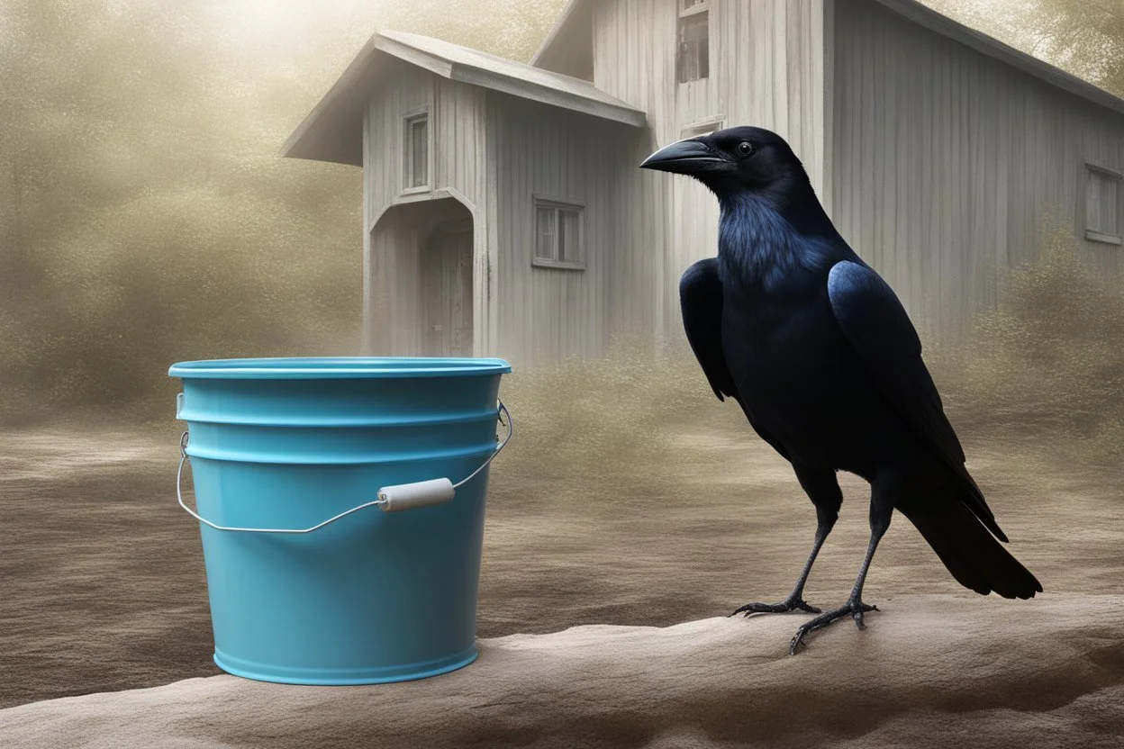 Generate an image of crow with eyes widened in surprise as he spots a shiny bucket near a cottage. Emphasize the contrast between the dry forest and the hint of water near the cottage.