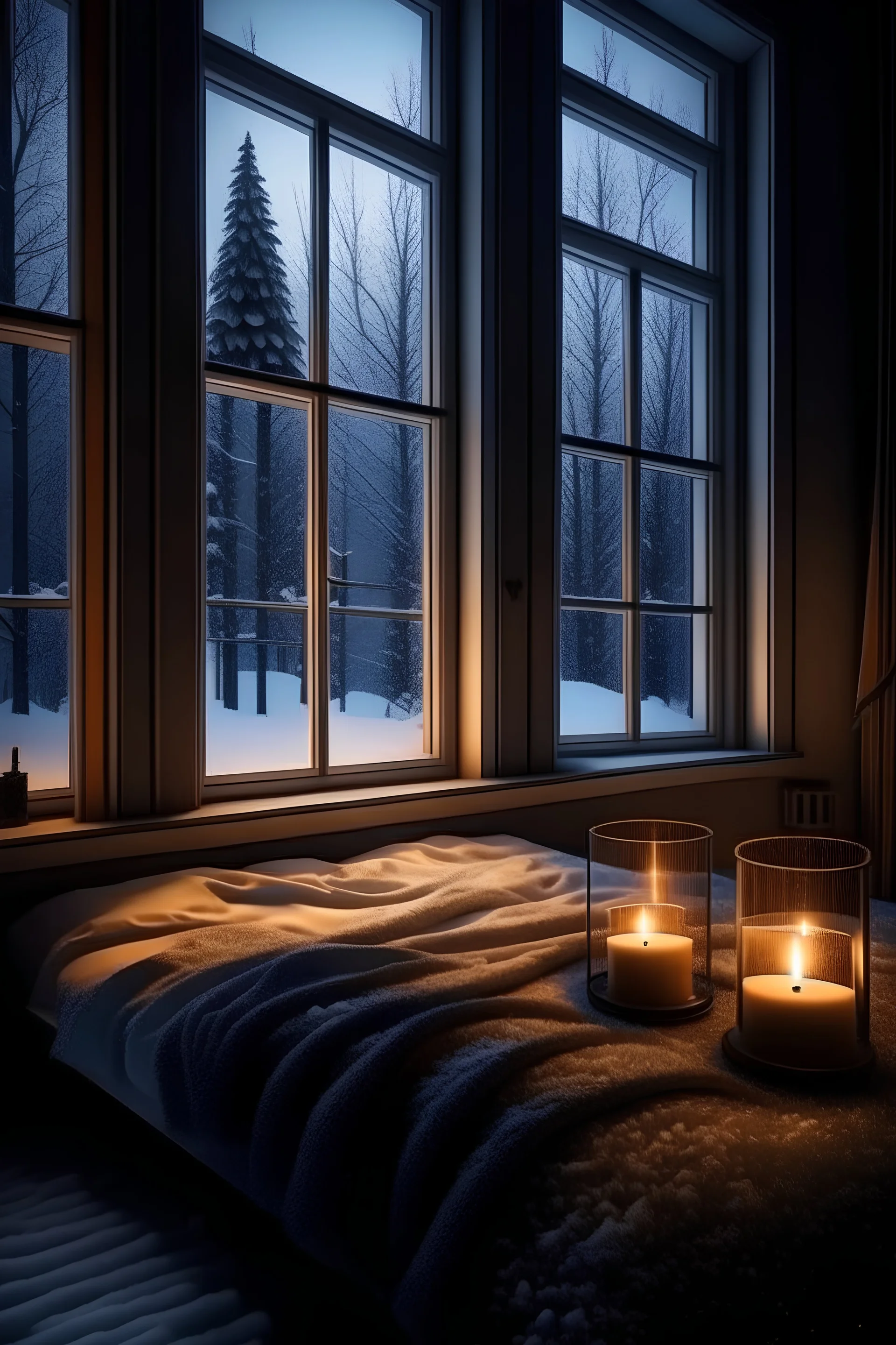 Cozy modern bedroom, glass window, snowy night , candles