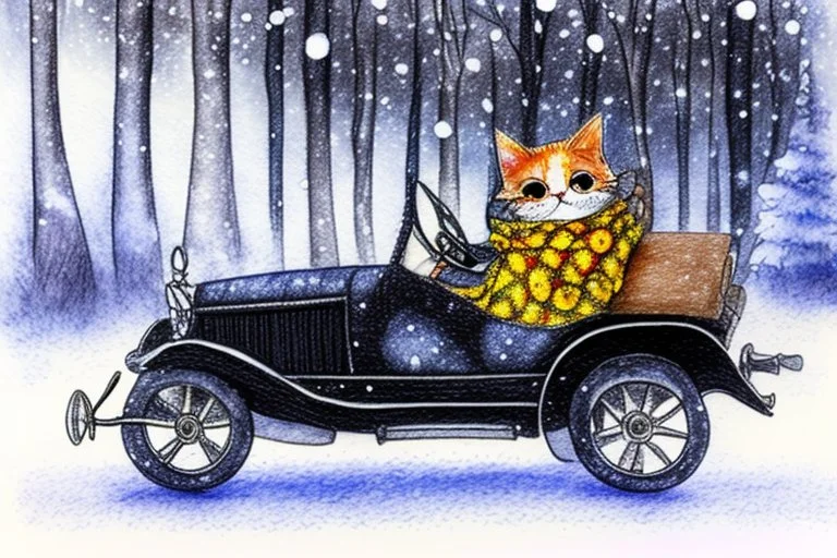 Cute little happy cat scarecrow riding a luxury car, forest path background, winter, snowflakes swirling, waterfall, reflection, mist, sunrise, smooth intricate photorealistic hyperrealistic high definition beautiful lighting pencil sketch watercolor dramatic lighting storybook illustration polished Deep shadows deep color warm light shiny glitters