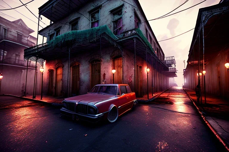 , New orleans , 9th ward , projects, slums night time , unity, scriptable render pipeline , red tone, volumetric lighting.