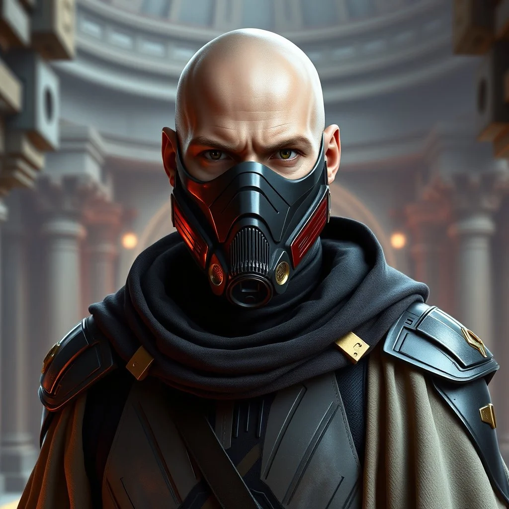 bald male corellian jedi wearing gunmetal grey and black old republic armored flightsuit and breath mask with gold and metallic red trim inside the jedi temple, centered head and shoulders portrait, hyperdetailed, dynamic lighting, hyperdetailed background, 8k resolution, volumetric lighting, light skin, fully symmetric details