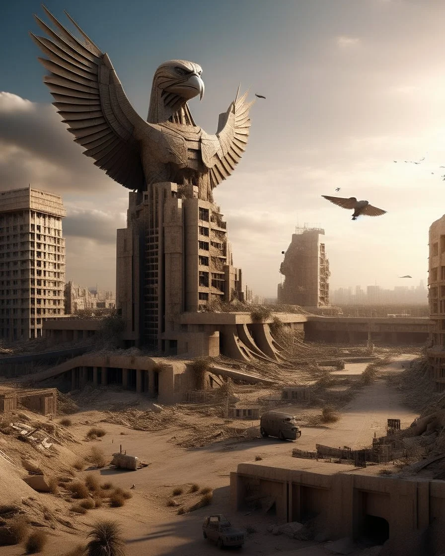 view of a futuristic the permanent in a post atomic catastrophic way, with lots of buildings in ruins, but still with the the status of phoenix" statue in Egypt intact