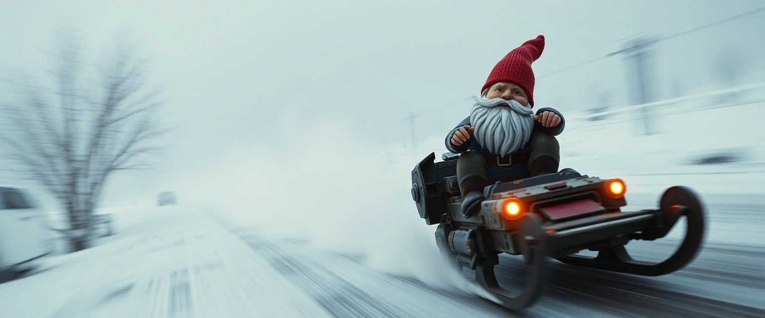 close up on gnome hit man with rocket boots in suit on a mech sled doing jumping stunt in winter wasteland, style of fallout 4, high speed with motion blur, on elevated road