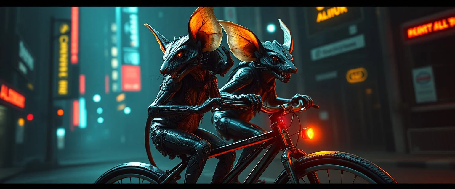 cyberpunk imagery synchronized mechanical gremlin rat bat drumming bicycle flickering stable core