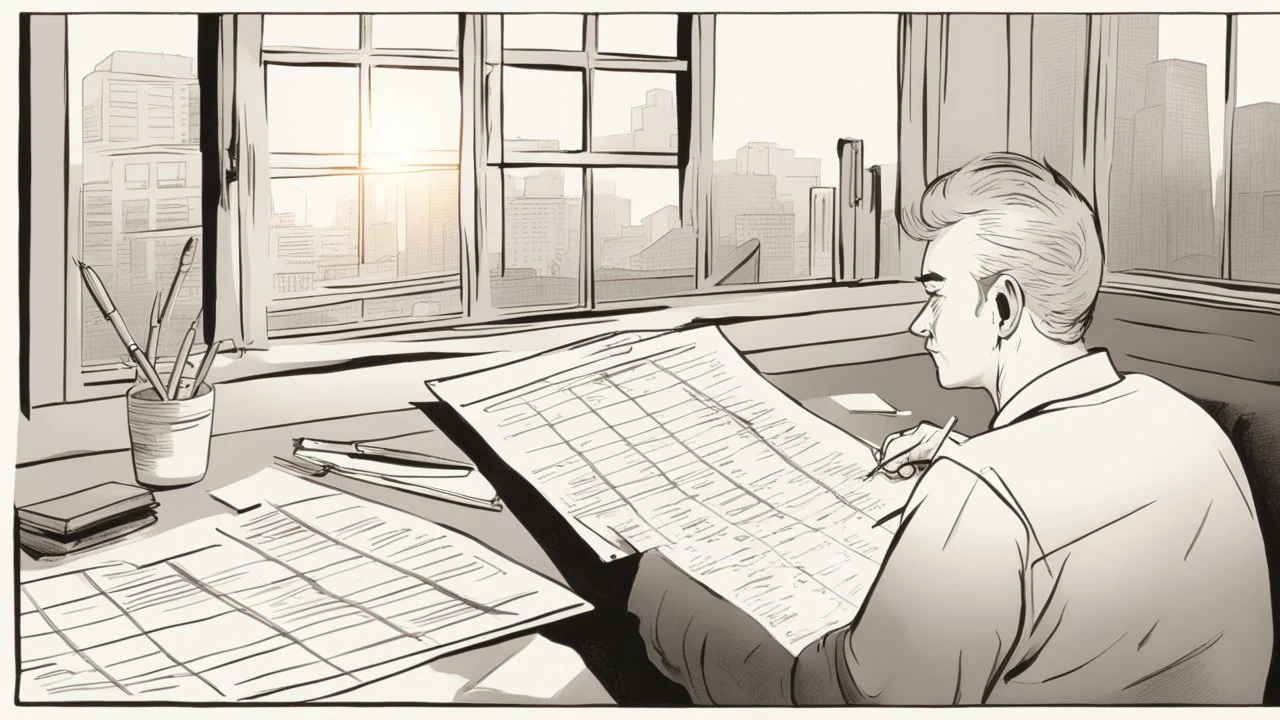 The image depicts an individual seated at their desk, meticulously crafting an organized daily schedule on a large sheet of paper in front of them. The image showcases attention to detail, as the person uses a pen to delineate different times and tasks on the schedule. The sun is seen rising behind a window, signifying the beginning of a new day full of possibilities. This image emphasizes the importance of good planning and creating an effective daily schedule to achieve success and enhance pro