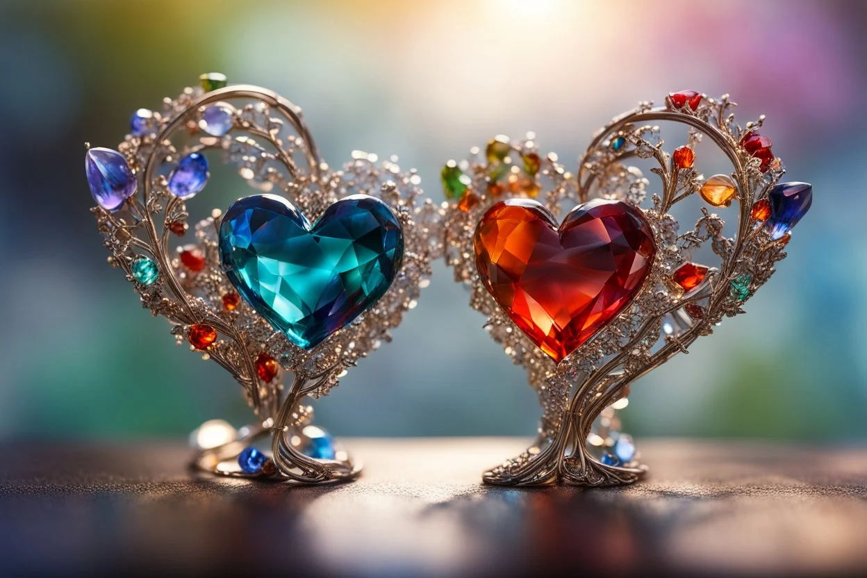 Coloured glass loving couple, heart set with gemstones, glittering metal stems and gemstone leaves sharp focus elegant extremely detailed intricate very attractive beautiful dynamic lighting fantastic view crisp quality exquisite detail gems and jewels S<AI in sunshine Weight:1 Professional photography, bokeh, natural lighting, canon lens, shot on dslr 64 megapixels sharp focus Weight:0.9