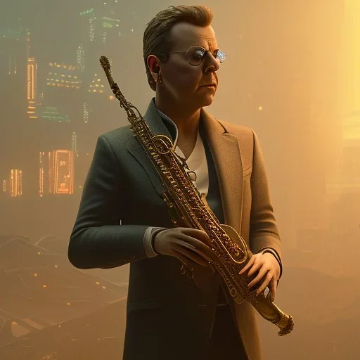 man playing saxophone, blade runner, danny mcbride, kiefer sutherland, low key lighting, volumetric light, digital art, highly detailed, fine detail, intricate, ornate, complex, octane render, unreal engine, photorealistic