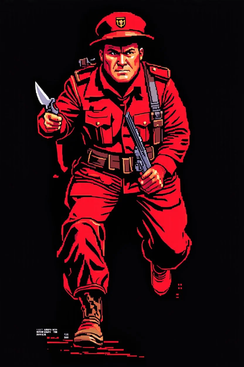 russian soldier(uniform and face based on racist steriotypes) running towards viewer, a knife i one hand, and a gun(barrel pointing at viewer) in the other. blocky retro 1960's jack kirby style poster in monochrome with white background