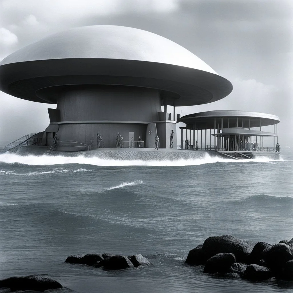 Klaatu, the extraterrestrial being from "The Day the Earth Stood Still," is now on Earth, assisting humans in building a house to live underwater. The walls are reinforced with materials unknown to Earth, providing strength and protection against the ocean's immense power. As the house nears completion, the humans marvel at the thought of living beneath the waves, surrounded by the beauty and danger of the deep sea.