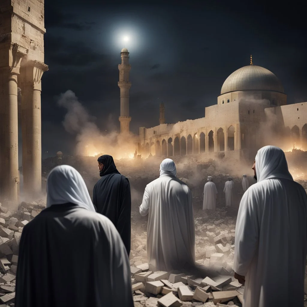 Hyper Realistic Arab leaders watching destroyed Al-Aqsa mosque at night