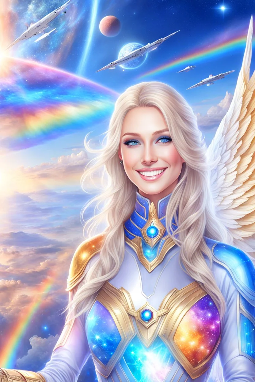 cosmic woman angels smile,admiral high commander from the future, one fine whole face, crystalline skin, expressive blue eyes,rainbow, smiling lips, very nice smile, costume rainbow pleiadian, Beautiful tall woman pleiadian Galactic commander, ship, perfect datailed golden galactic suit, high rank, long blond hair, hand whit five perfect detailed finger, amazing big blue eyes, smilling mouth, high drfinition lips, cosmic happiness, bright colors rainbow, blue, pink, gold, jewels, realist,8k