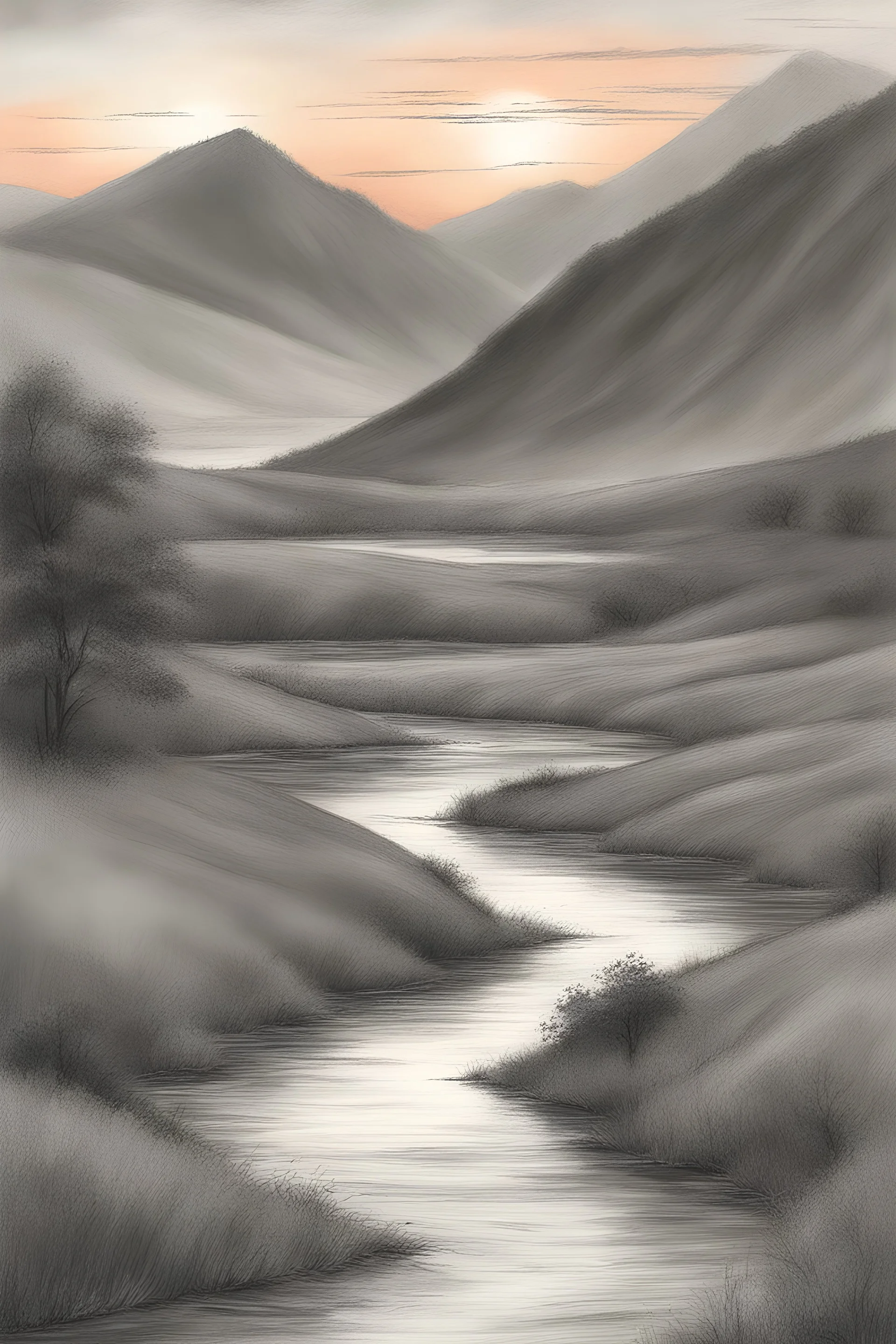 "Generate an AI landscape art using a charcoal pencil effect. Picture a serene scene with rolling hills, a winding river, and a majestic sunset. Capture the soft textures and atmospheric depth, evoking the timeless charm of a traditional charcoal sketch."