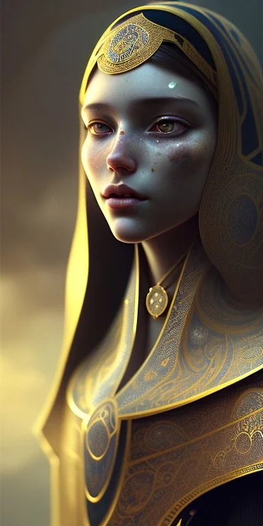 Arabic poet , cute, beautiful, long hair, wavy hair, black eyes,Freckles on the face ,Arab cloak، head and shoulders portrait, cinematic, 8k, resolution concept art portrait by Greg Rutkowski, Artgerm, WLOP, Alphonse Mucha dynamic lighting hyperdetailed intricately detailed