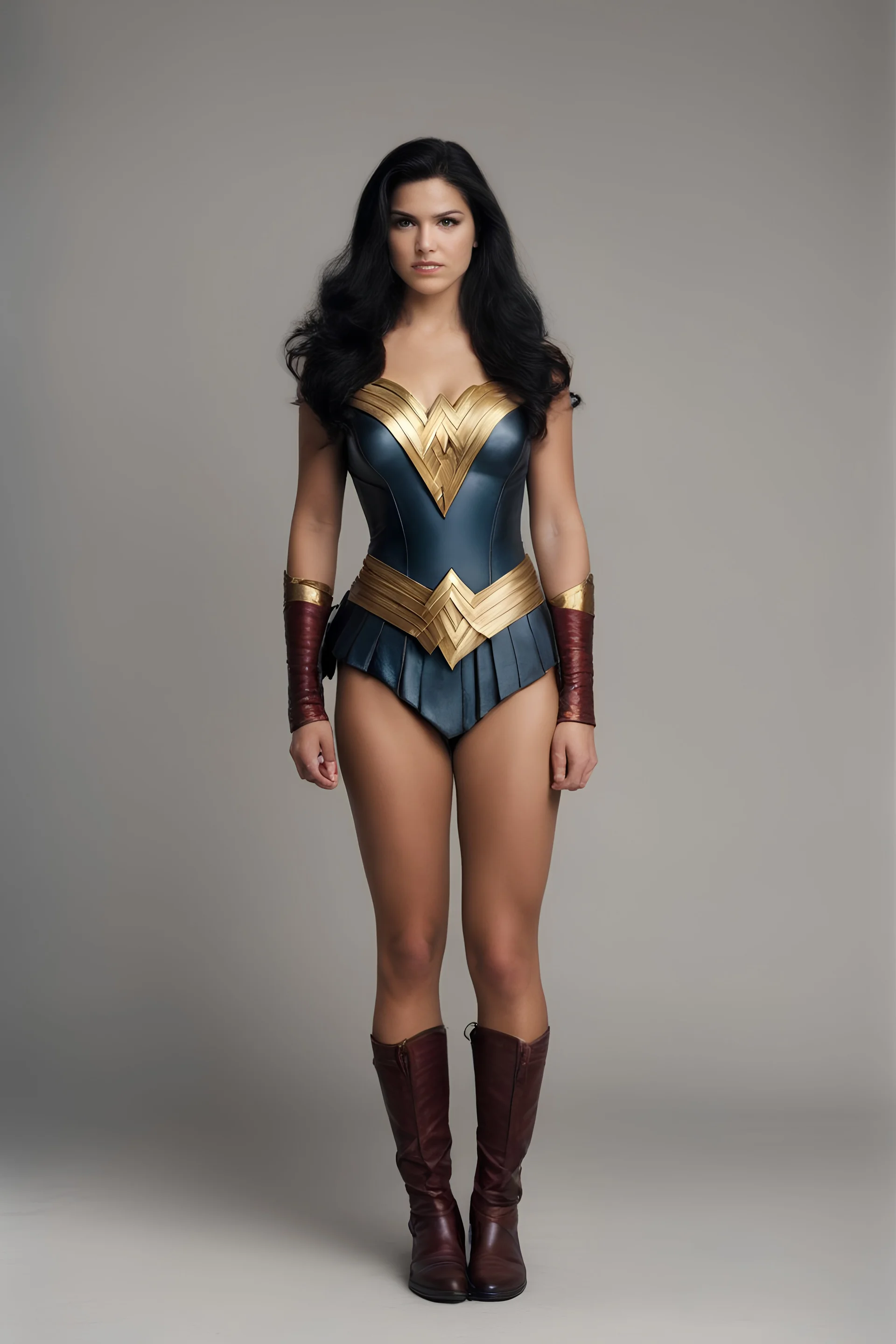 full body image, 1980's yearbook photo, teenage girl, Gina Carano as Wonder Woman, 18 years old, black hair, 80's hairstyle, photorealistic, --ar 9:16 --style raw,