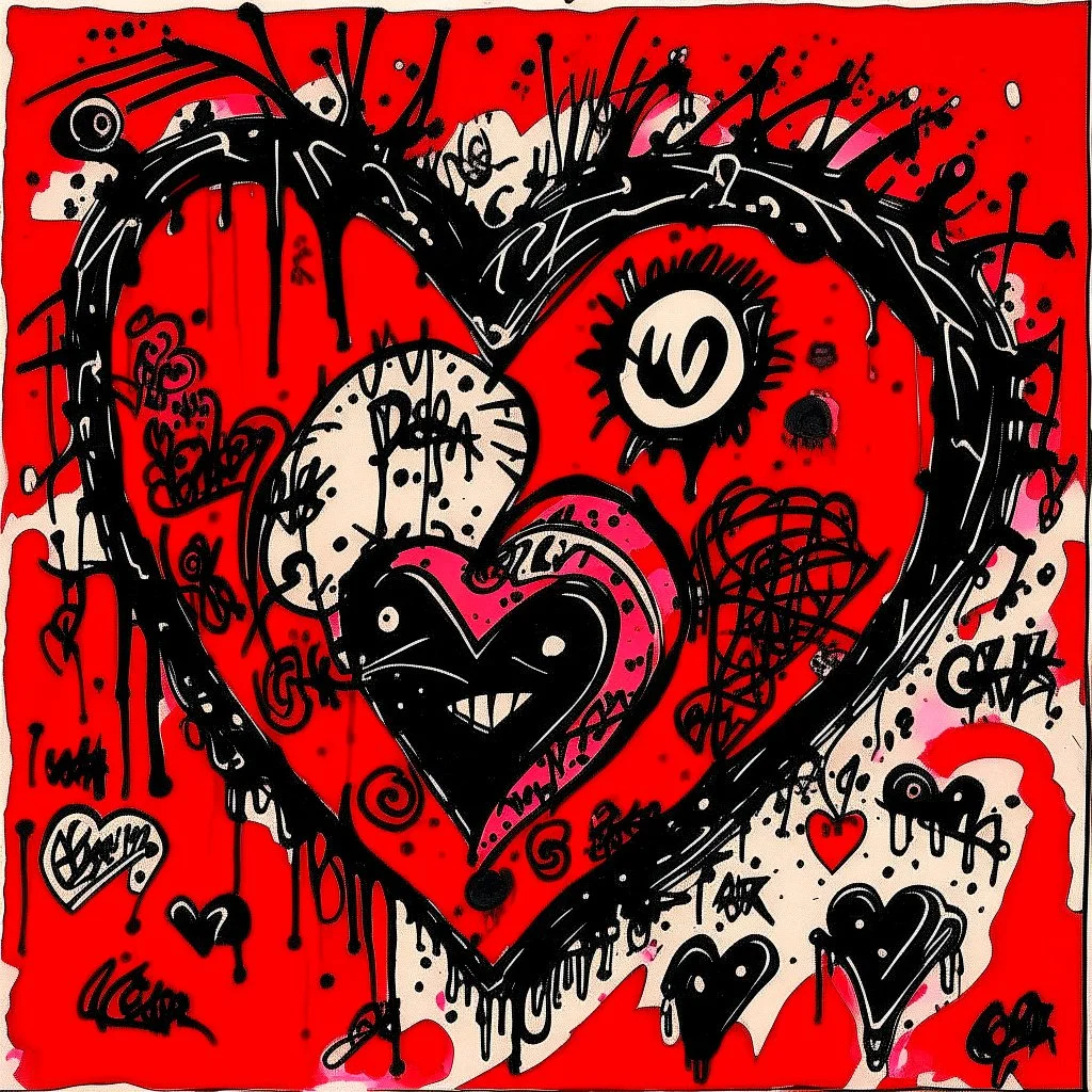 Valentine's Day heart Card from a stalker, Ink illustration by Jonathan Meese, violent, emo, romantic horror, expressionism, saturated crimson colors