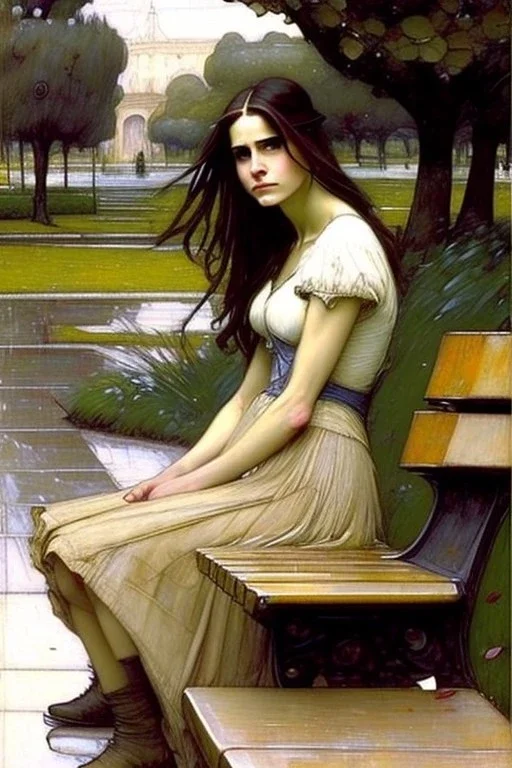 Woman sitting on a park bench. John William Waterhouse